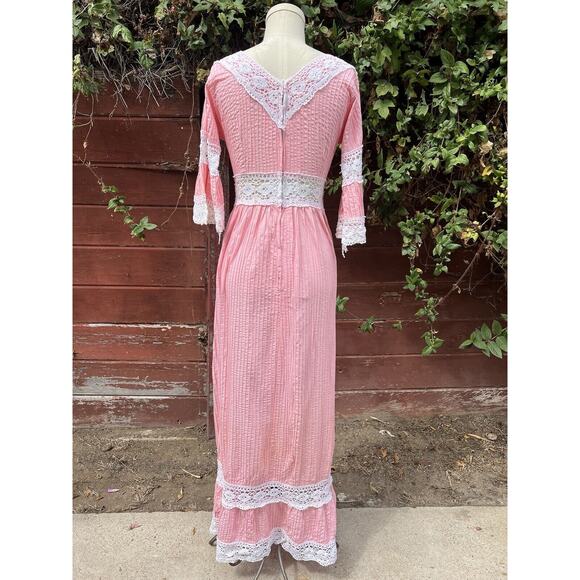 Vintage 60s Pink Lace Bell Sleeve Mexican Pintuck Wedding Bridal Maxi Dress - Picture 8 of 8